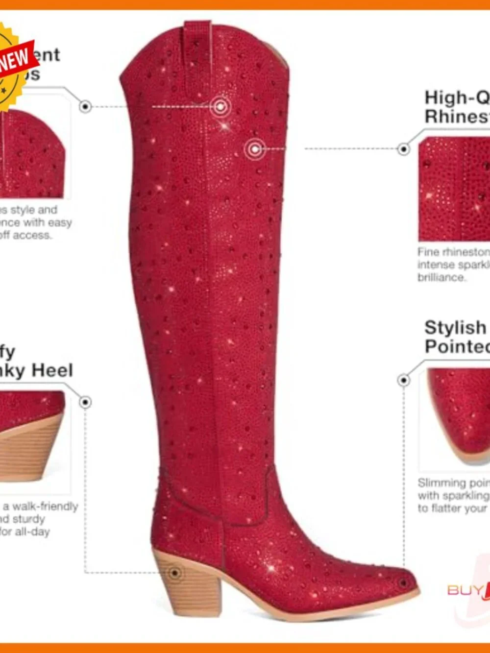Rhinestone Over-the-Knee Cowgirl Boots with Chunky Heel, Pointed Toe